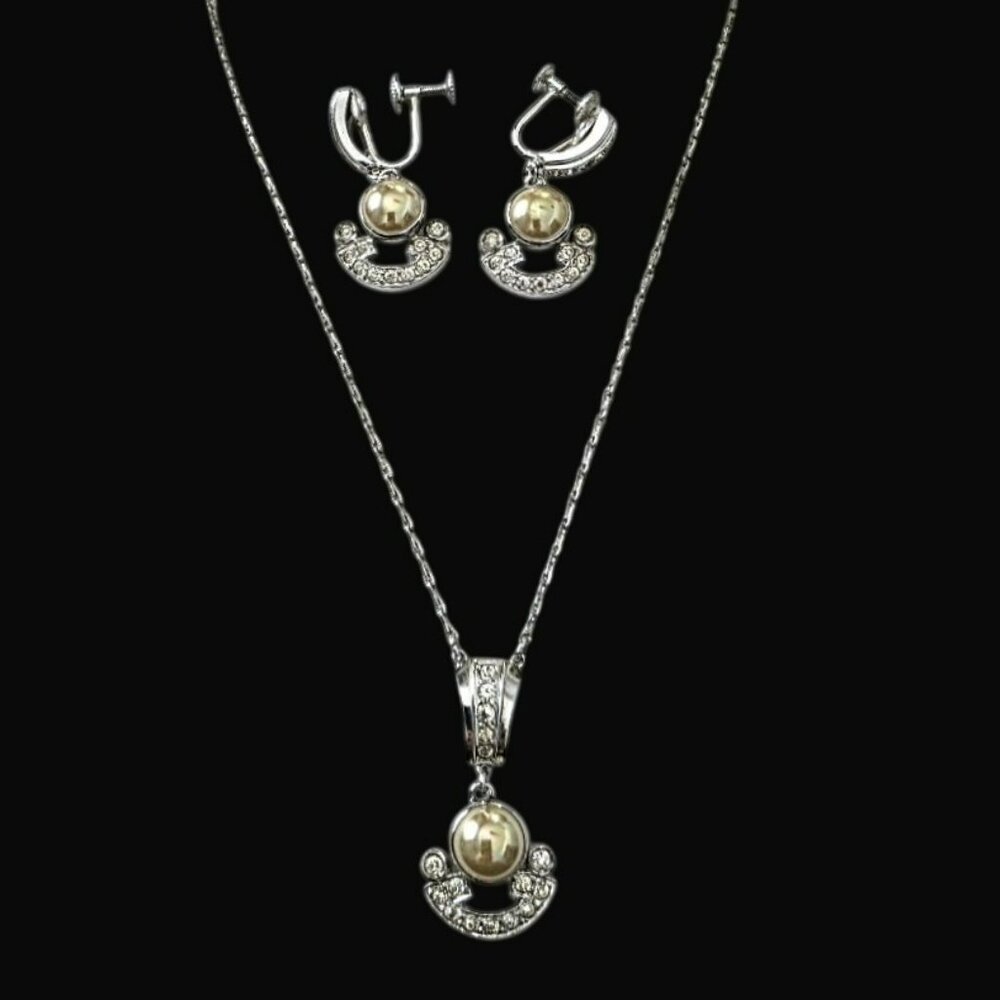 50s Sterling Silver Necklace Earrings Set MCM Faux Pearl Rhinestone Formal VTG